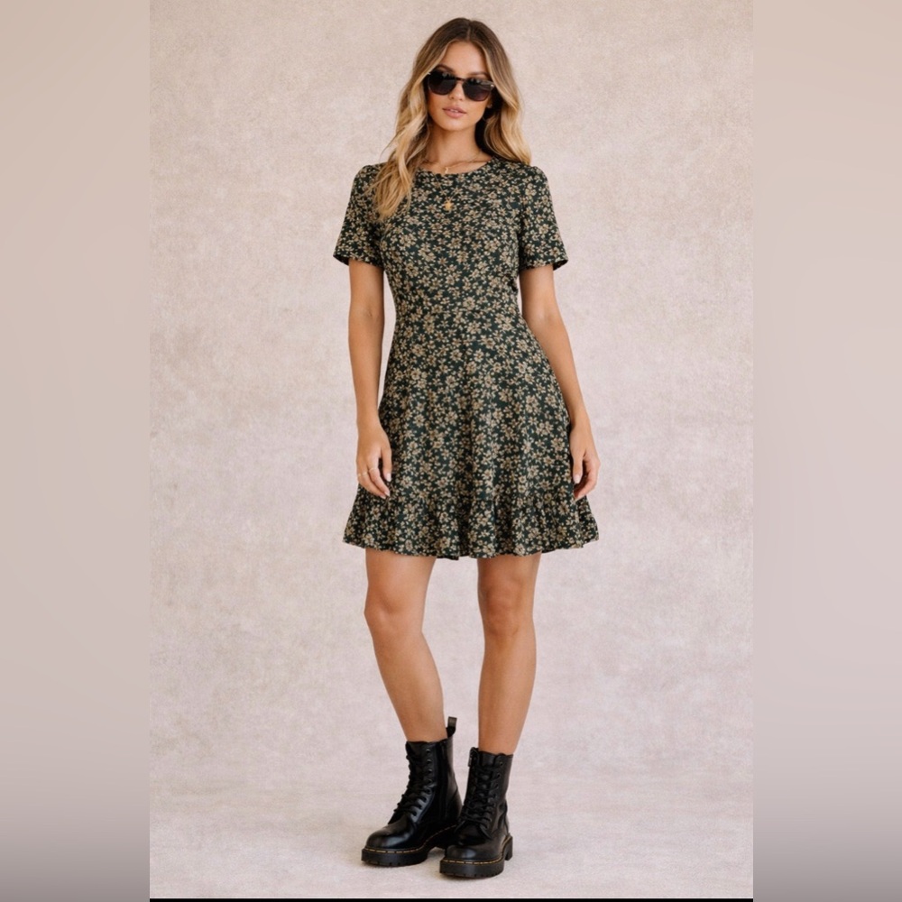 VICI Floral Lined Mini Dress Gold Metallic Striped in Dark Green ~ Size XL